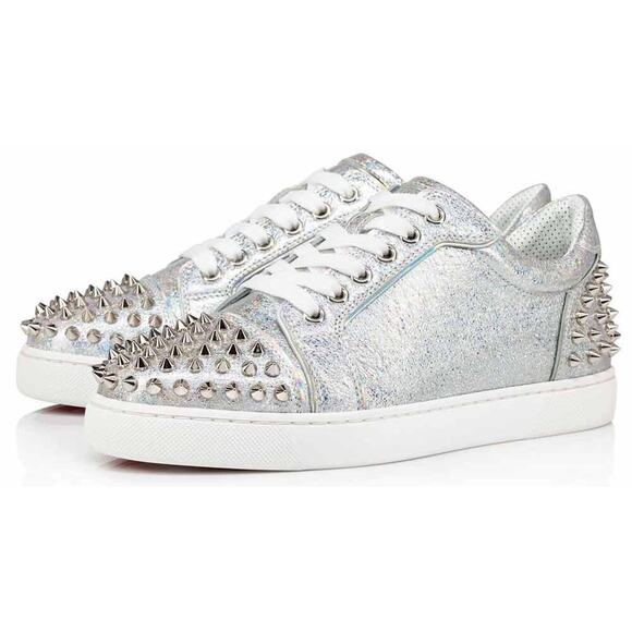 Christian Louboutin Vieira 2 Flat Silver AB Spikes Lace Up Low Top Sneaker 36.5 - Picture 1 of 11